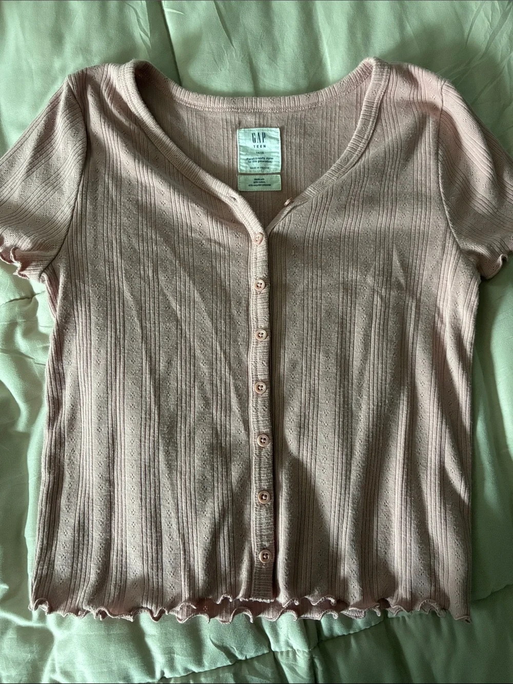GAP Light Pink Short Sleeve Button-Front Ribbed Top